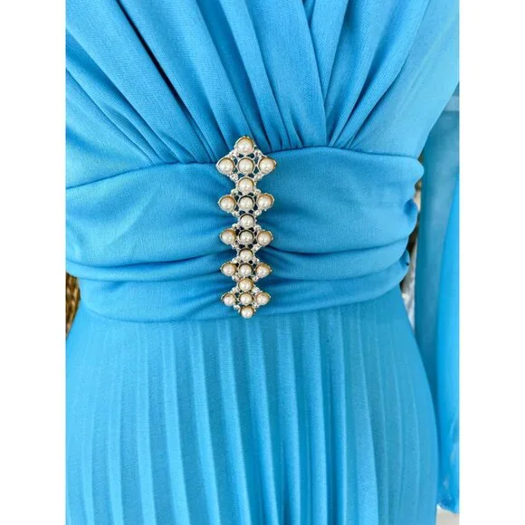 Vintage 1970s Blue Dressy Maxi Dress Pleated Skirt Rhinestone Pearls Size M - Picture 16 of 16